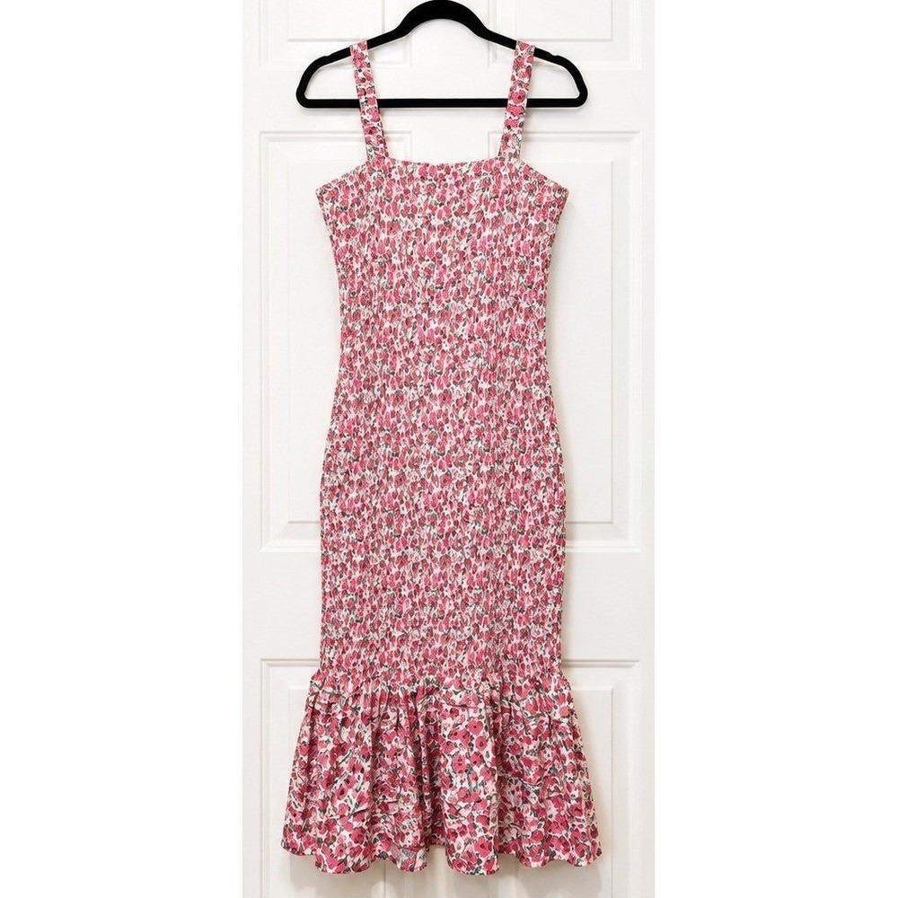 PrettyGarden Pink Floral Smocked Midi Dress Ruffle Mermaid Hem Square Neck NWT